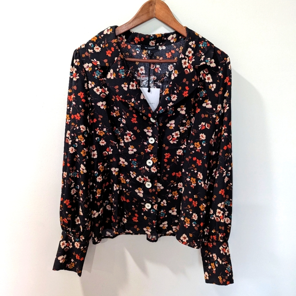 En Saison Black Floral Button Front Blouse NWT